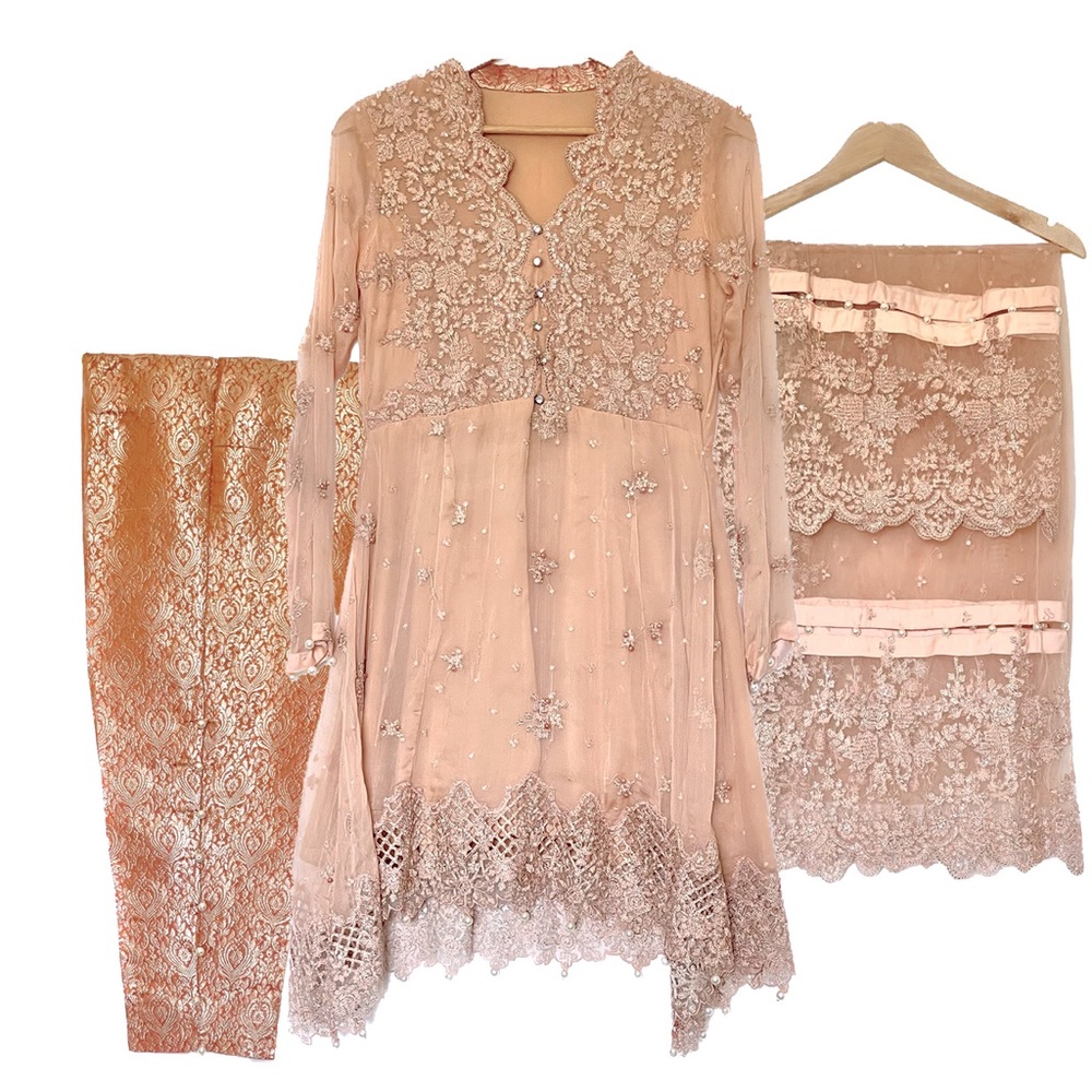 3 Piece Peach/Pink Suit with Jama Wear Pants and Lace Dupatta